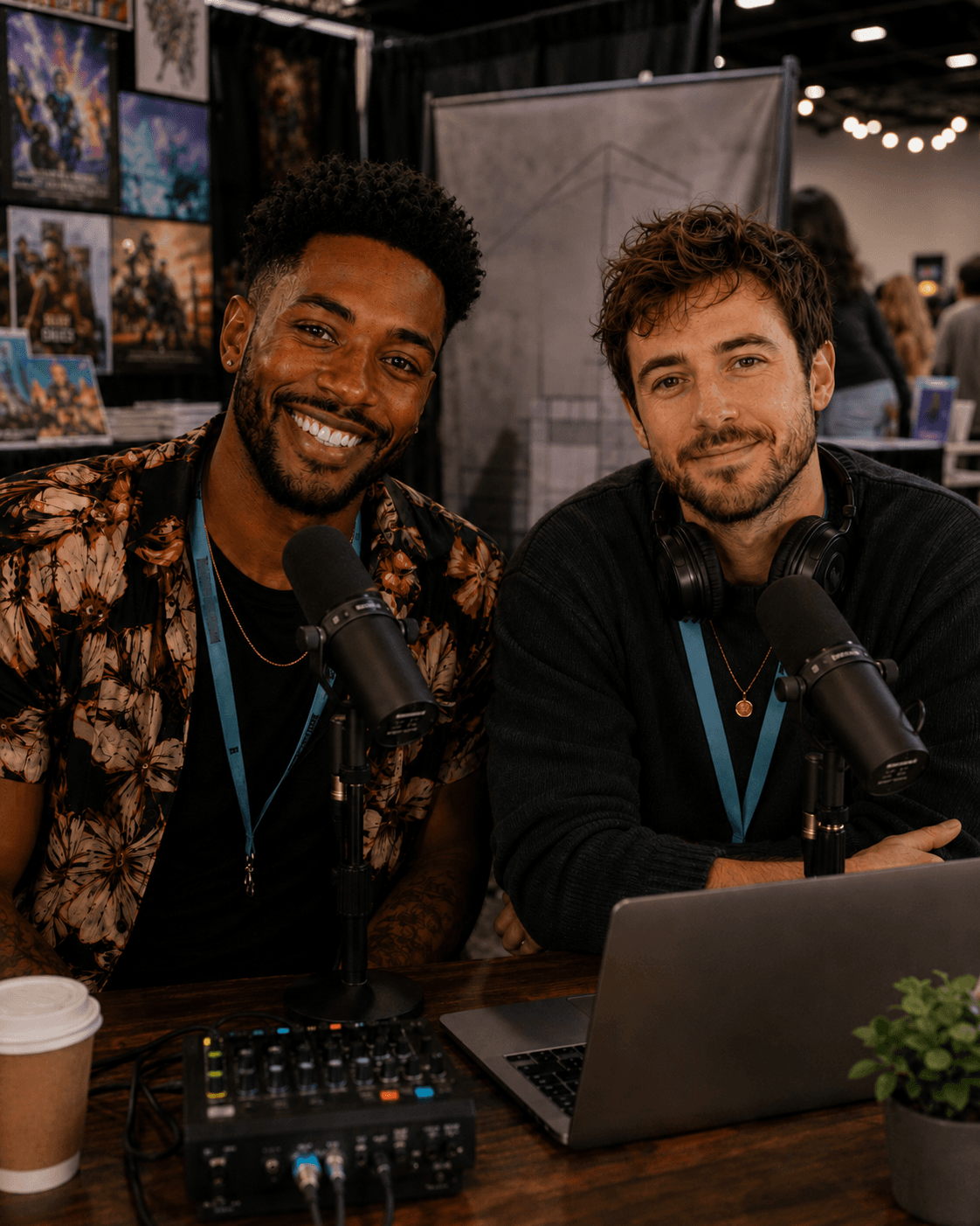 Two people recording a podcast together